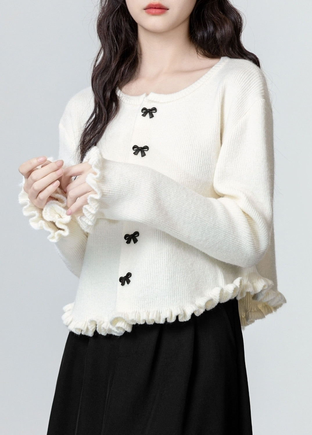French Bow Ruffle Trim Cardigan Jacket
