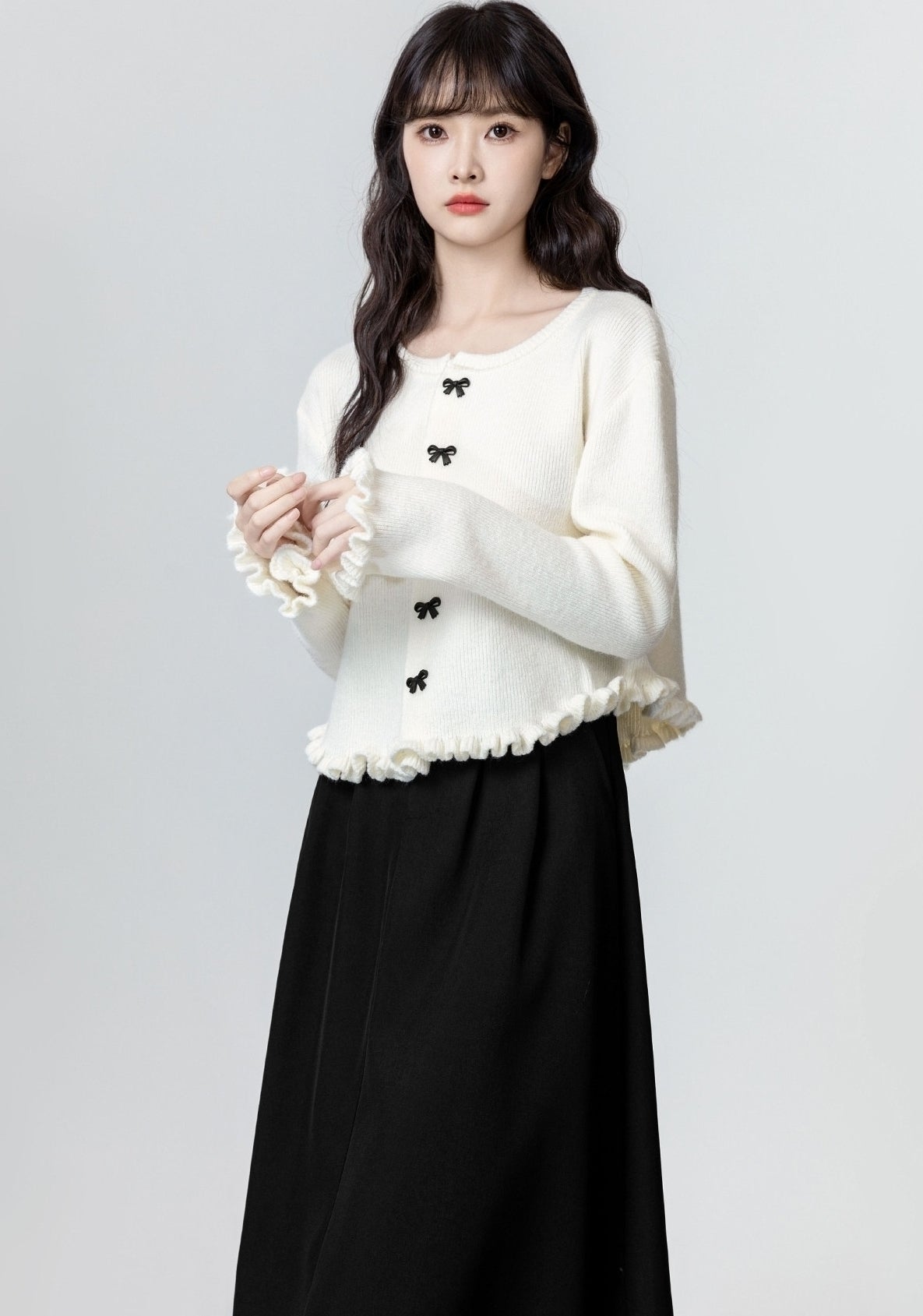 French Bow Ruffle Trim Cardigan Jacket