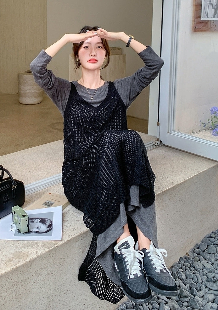 French Chic Hollow Out Cover Up Dress Two Piece Set