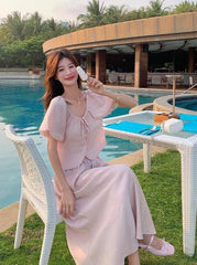 French Chic Puff Sleeve Top And Skirt Set