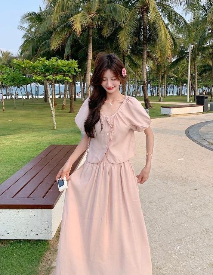French Chic Puff Sleeve Top And Skirt Set