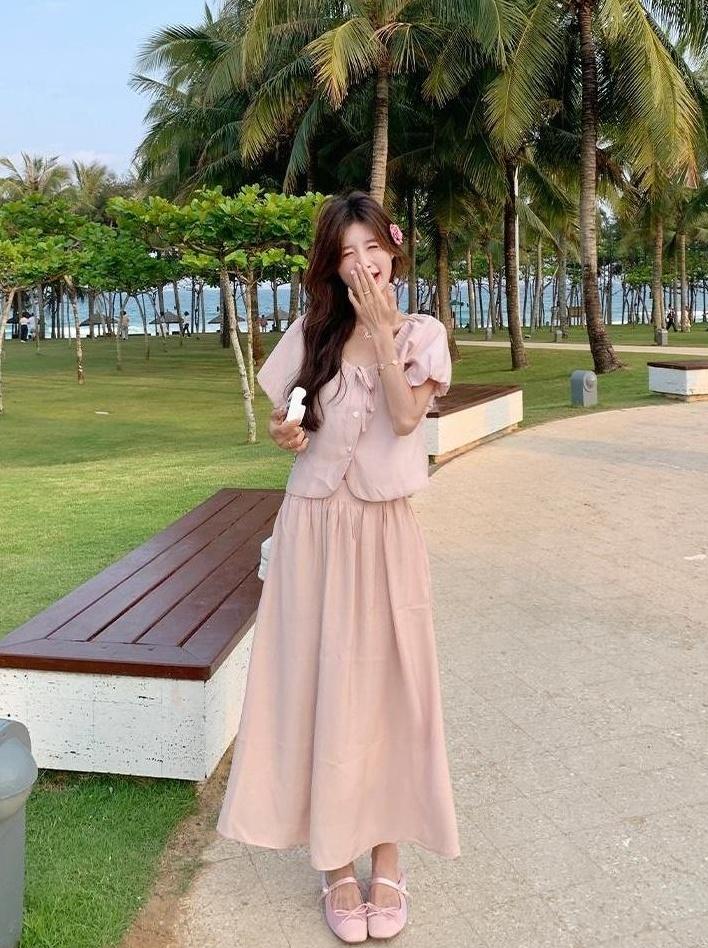 French Chic Puff Sleeve Top And Skirt Set