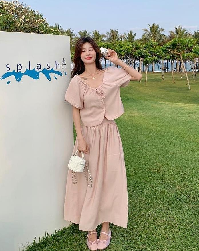 French Chic Puff Sleeve Top And Skirt Set