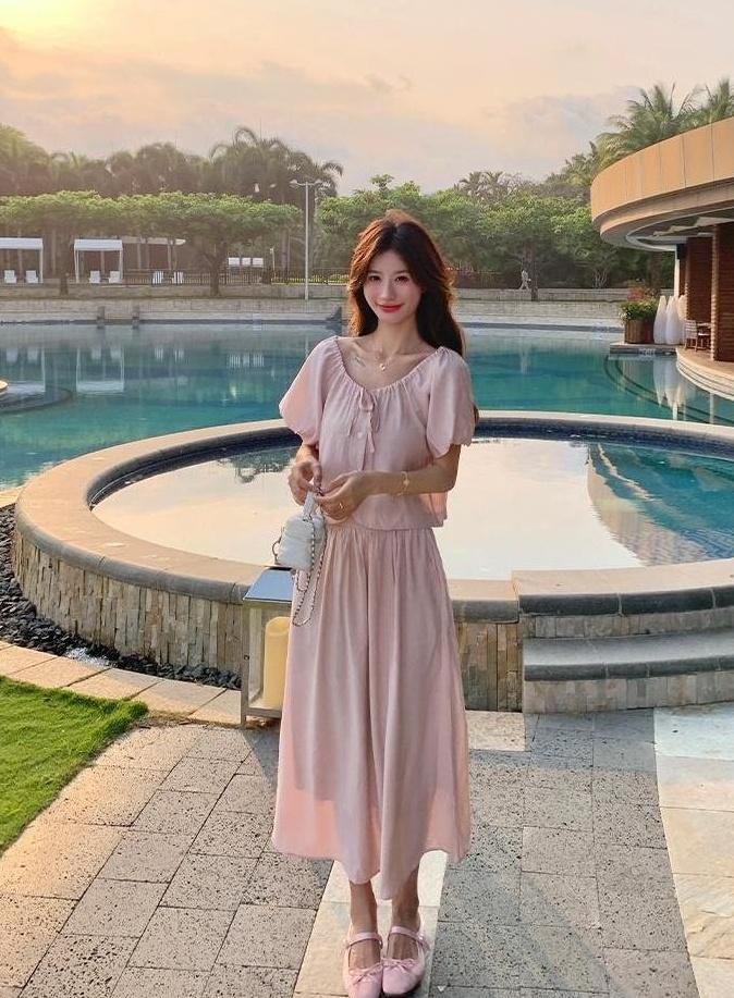 French Chic Puff Sleeve Top And Skirt Set
