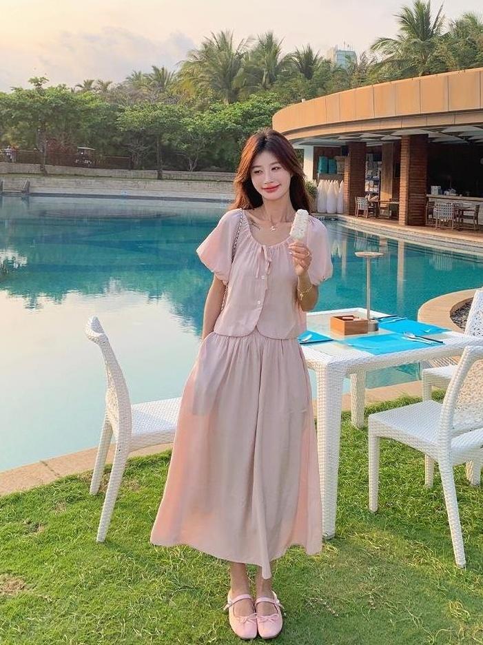 French Chic Puff Sleeve Top And Skirt Set