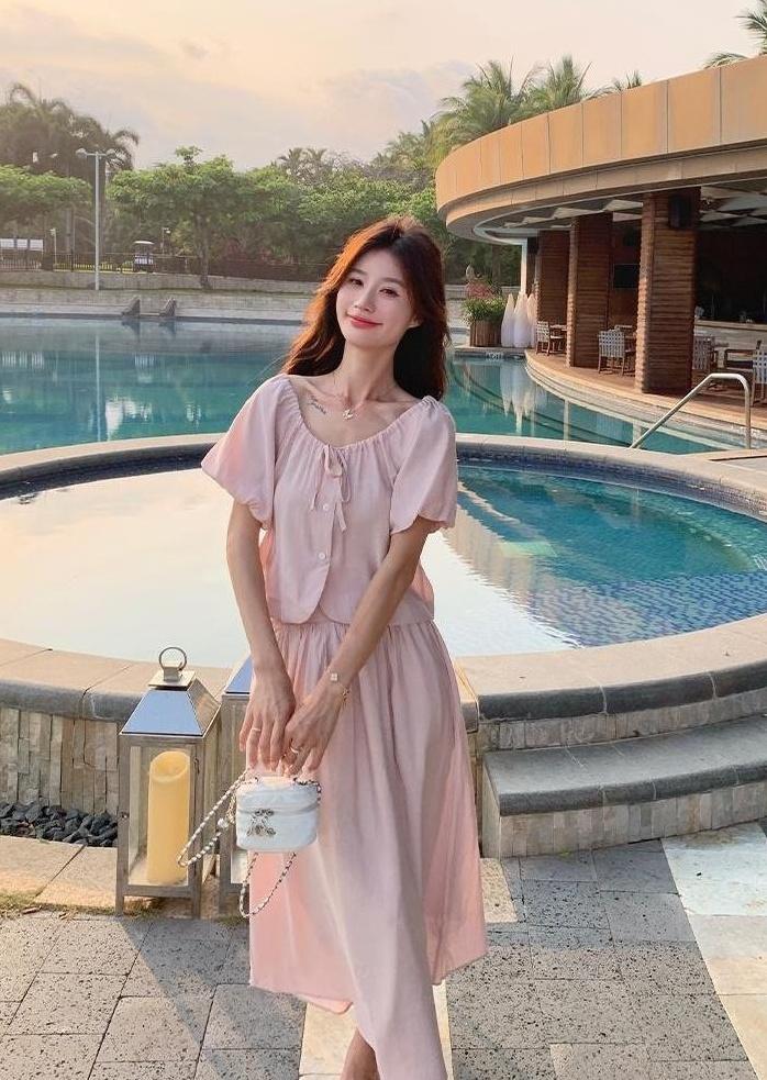 French Chic Puff Sleeve Top And Skirt Set