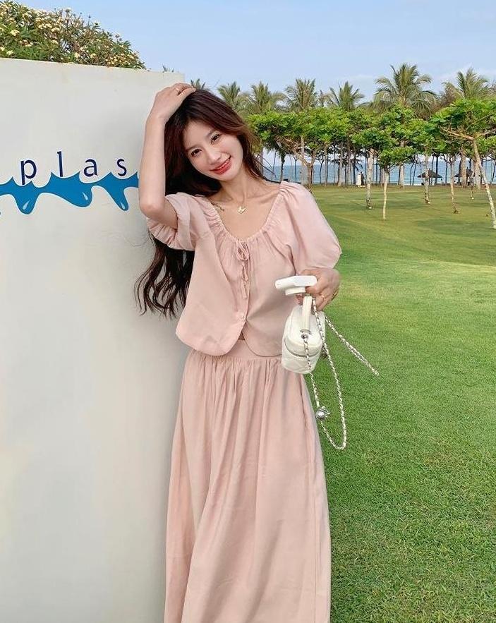 French Chic Puff Sleeve Top And Skirt Set