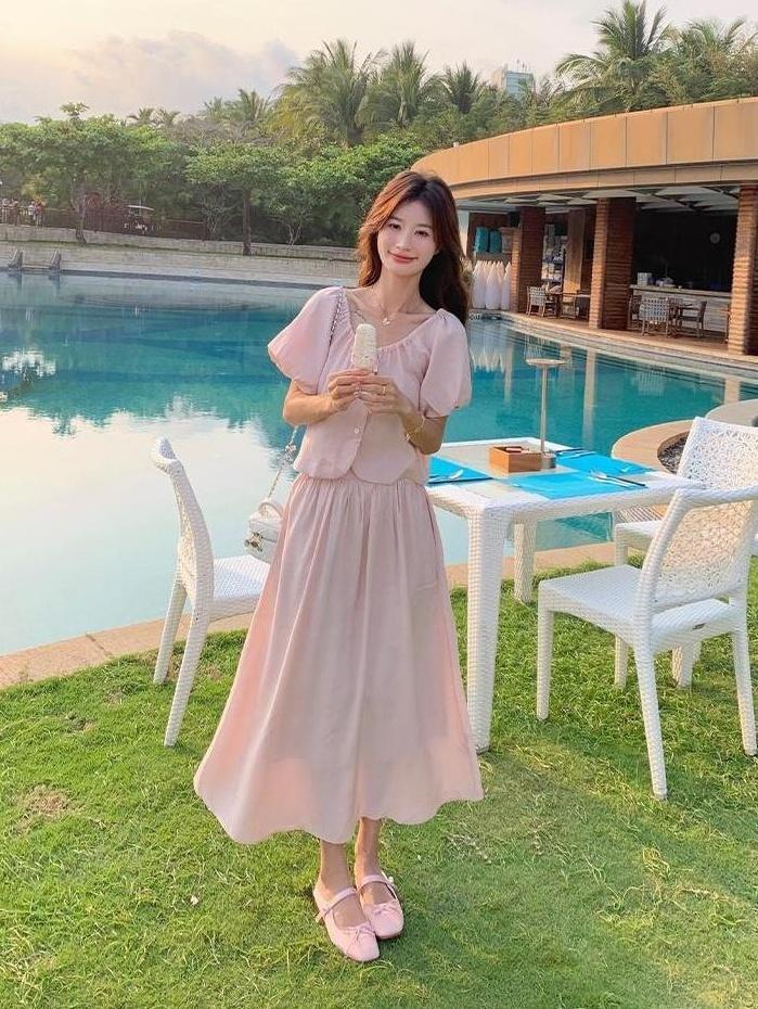French Chic Puff Sleeve Top And Skirt Set