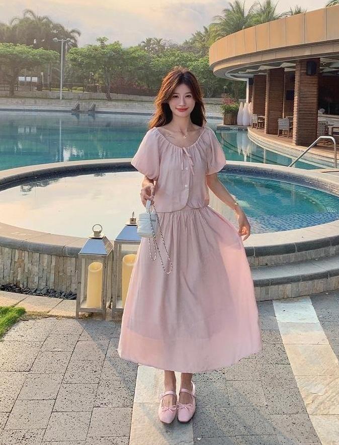 French Chic Puff Sleeve Top And Skirt Set