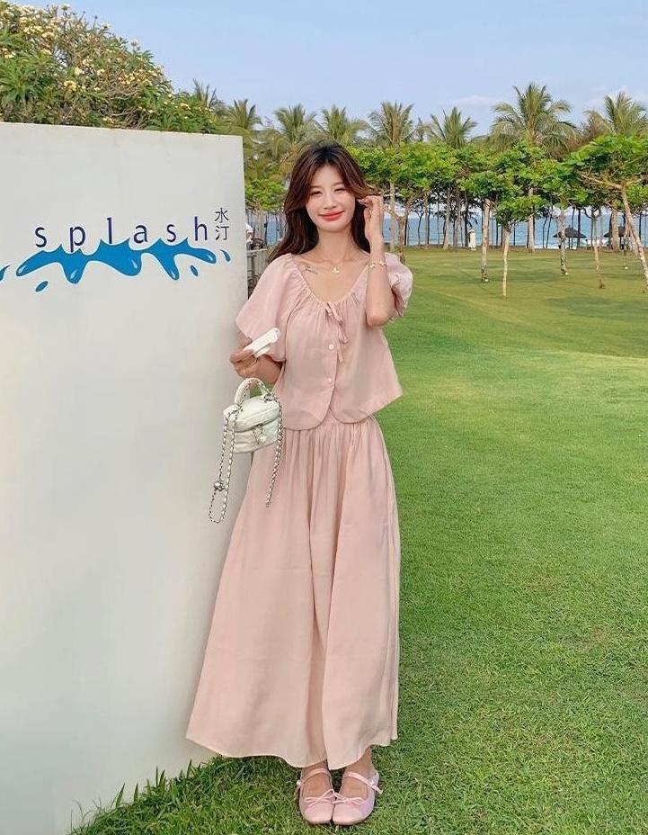 French Chic Puff Sleeve Top And Skirt Set