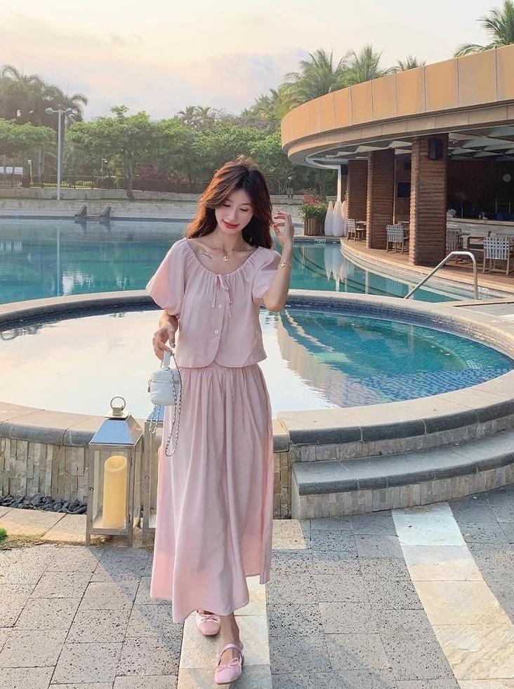 French Chic Puff Sleeve Top And Skirt Set