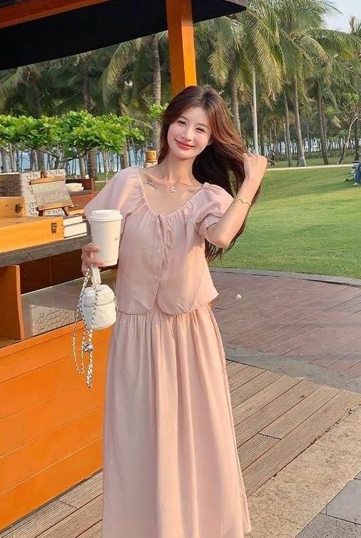 French Chic Puff Sleeve Top And Skirt Set