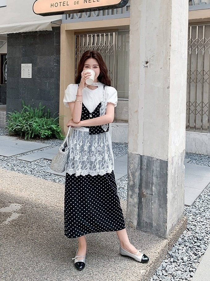 French Lace Patchwork Short Sleeve Blouse Polka Dot Skirt Set