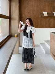 French Lace Patchwork Short Sleeve Blouse Polka Dot Skirt Set