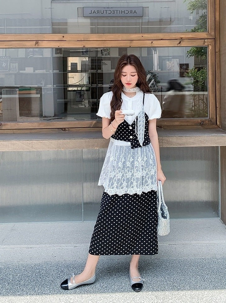 French Lace Patchwork Short Sleeve Blouse Polka Dot Skirt Set