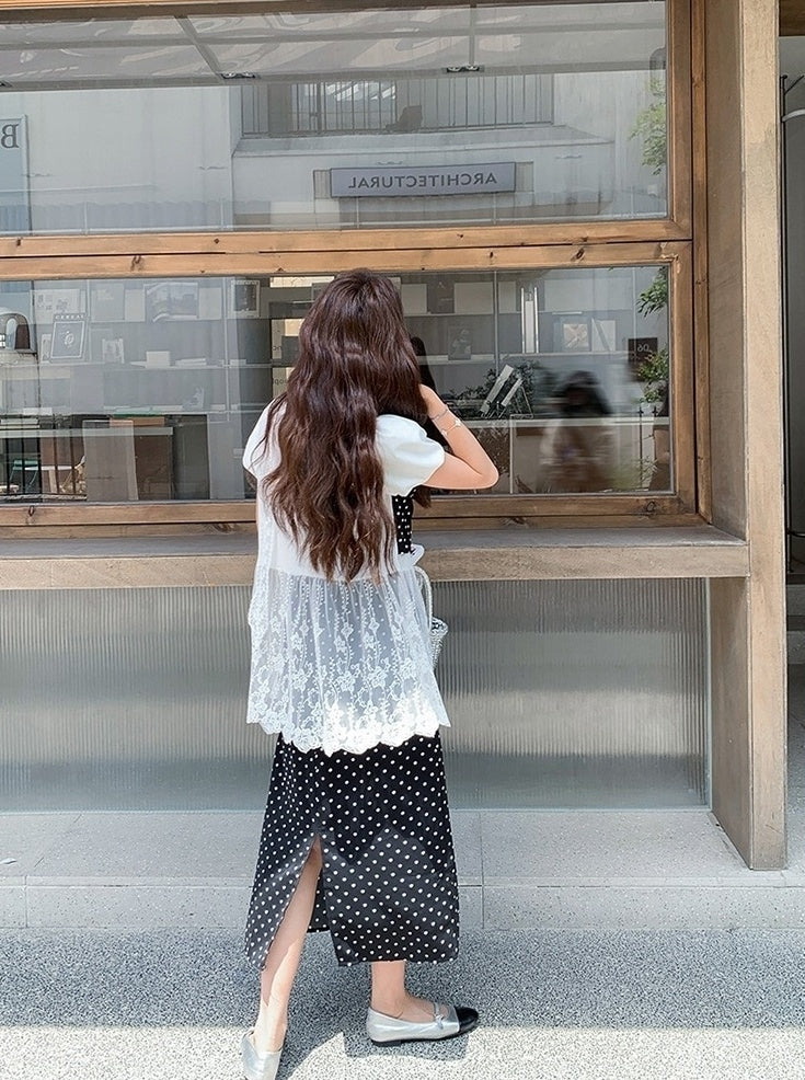 French Lace Patchwork Short Sleeve Blouse Polka Dot Skirt Set