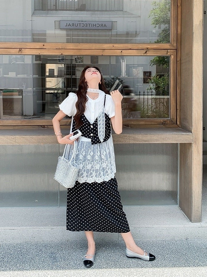 French Lace Patchwork Short Sleeve Blouse Polka Dot Skirt Set