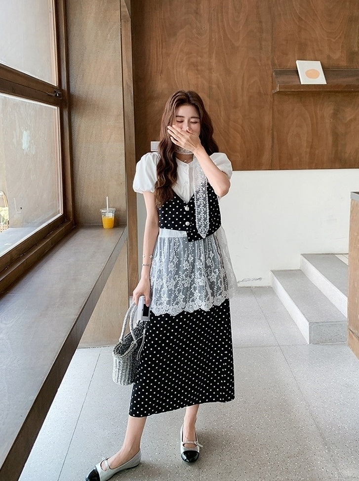 French Lace Patchwork Short Sleeve Blouse Polka Dot Skirt Set