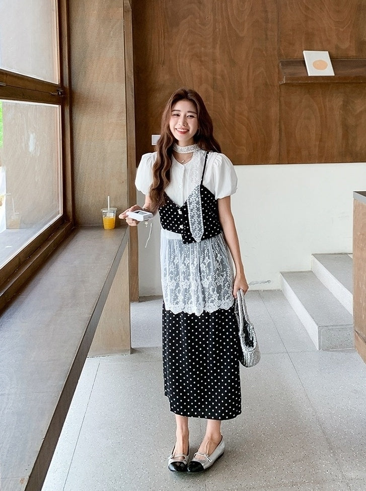 French Lace Patchwork Short Sleeve Blouse Polka Dot Skirt Set