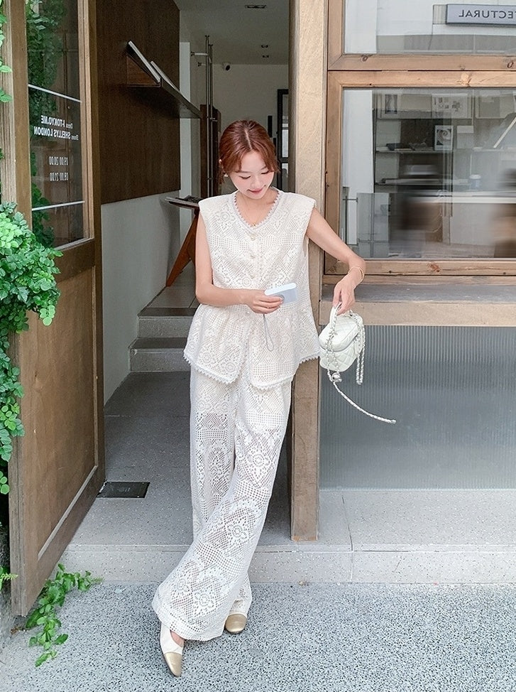 French Lace Vest And Wide Leg Pants Set