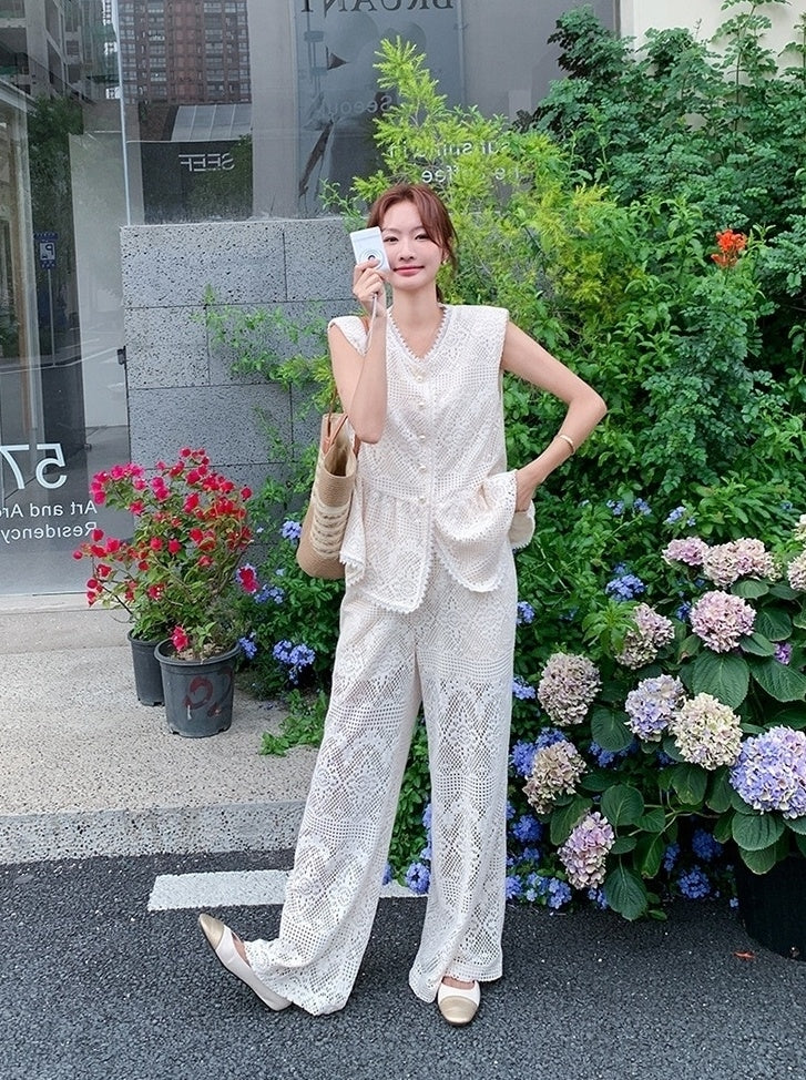 French Lace Vest And Wide Leg Pants Set