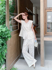 French Lace Vest And Wide Leg Pants Set
