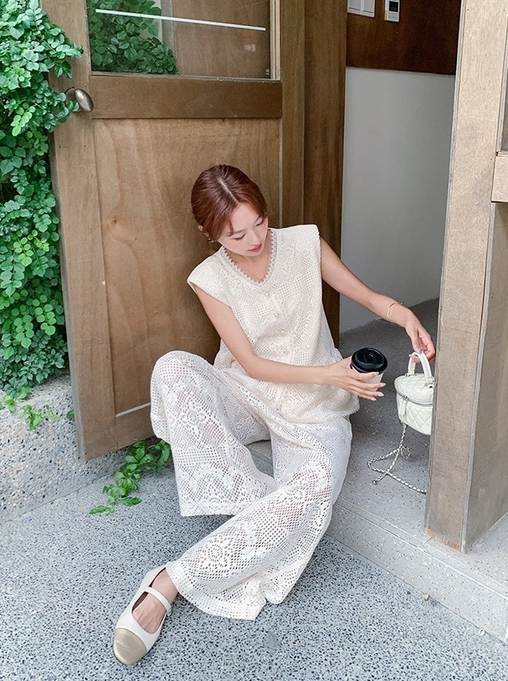French Lace Vest And Wide Leg Pants Set