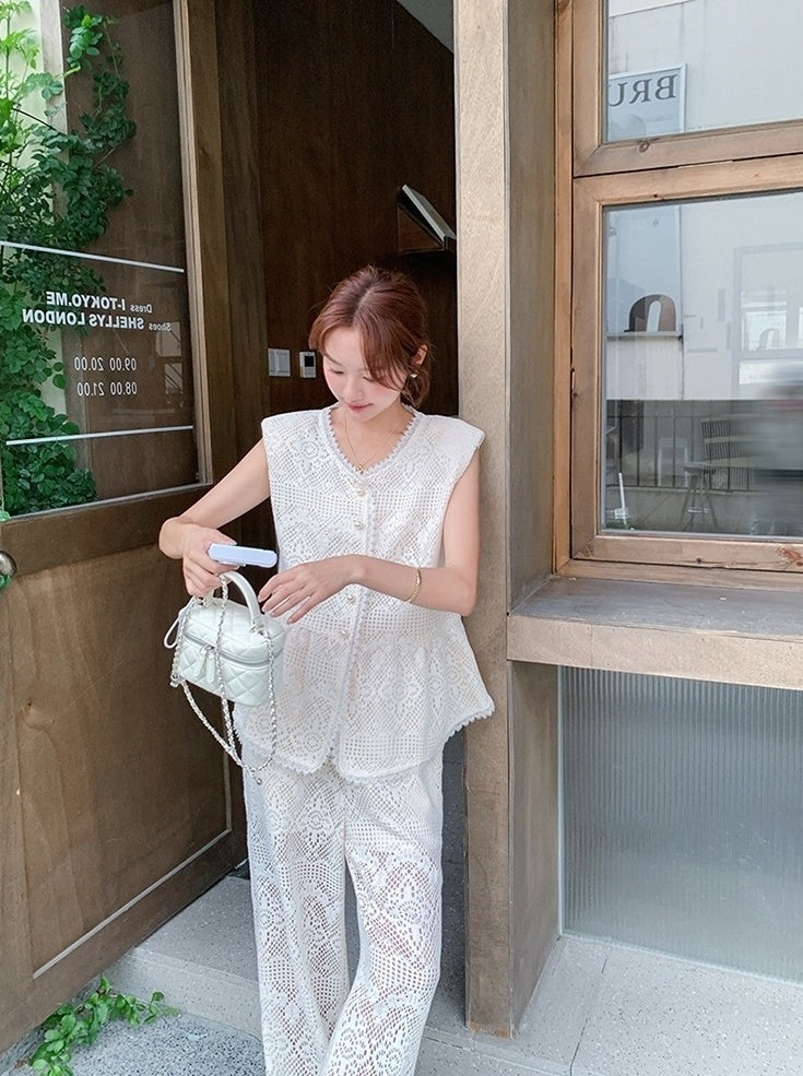 French Lace Vest And Wide Leg Pants Set