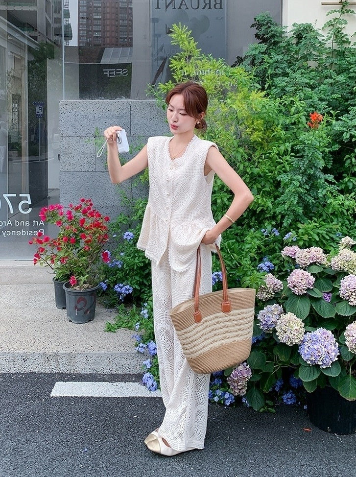 French Lace Vest And Wide Leg Pants Set