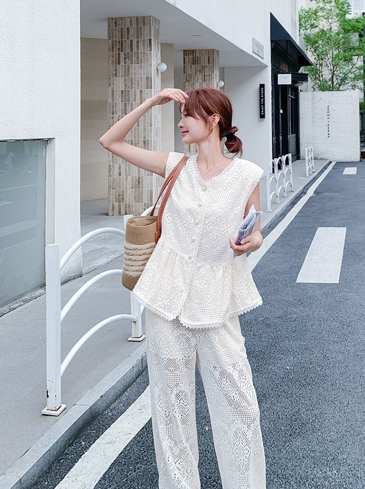 French Lace Vest And Wide Leg Pants Set