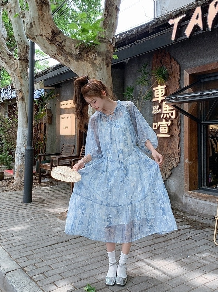 French Light Blue Chiffon Floral Tea Dress