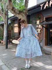 French Light Blue Chiffon Floral Tea Dress