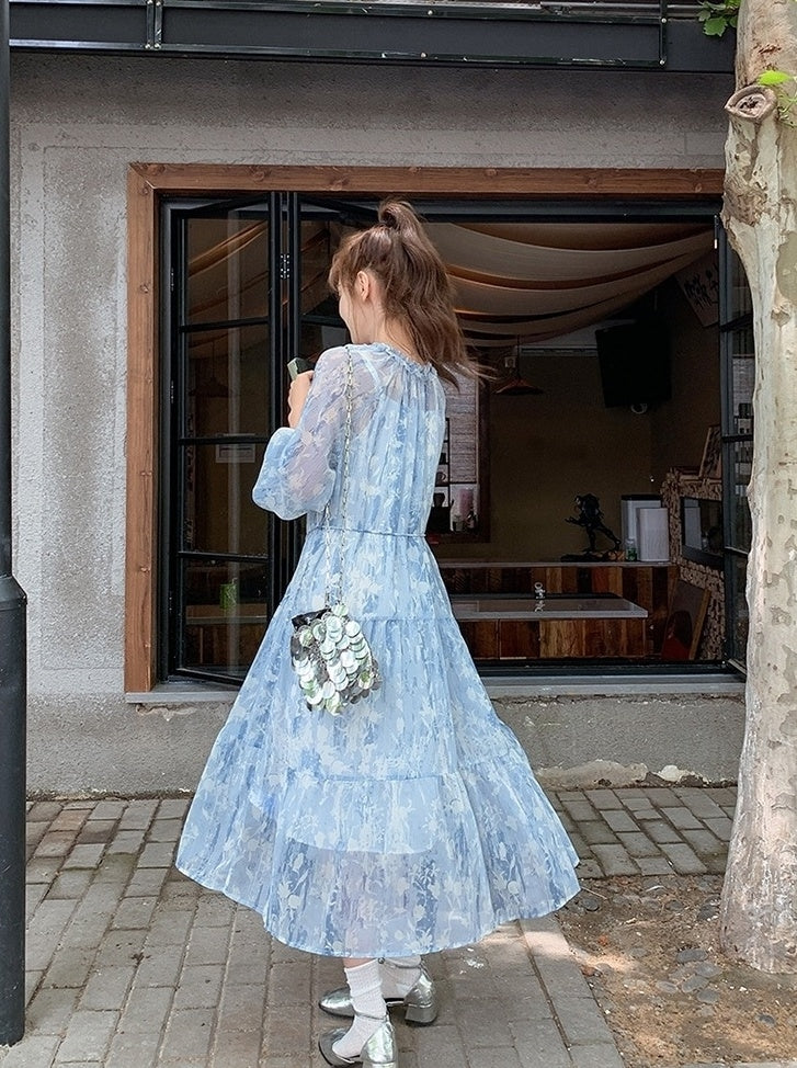 French Light Blue Chiffon Floral Tea Dress