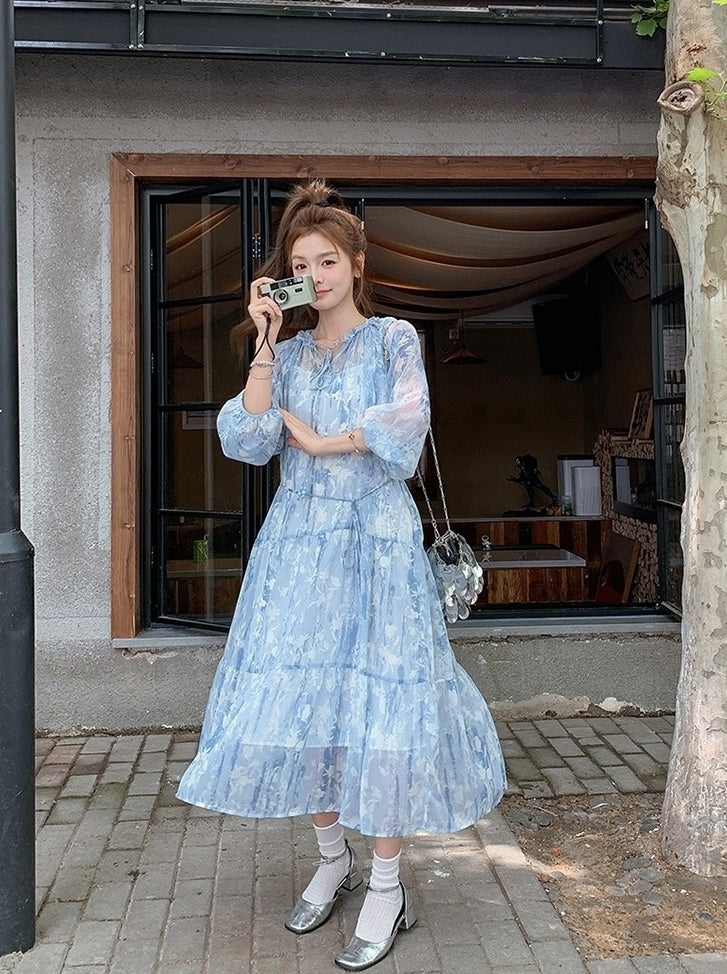 French Light Blue Chiffon Floral Tea Dress