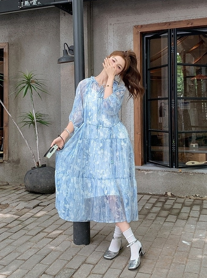 French Light Blue Chiffon Floral Tea Dress