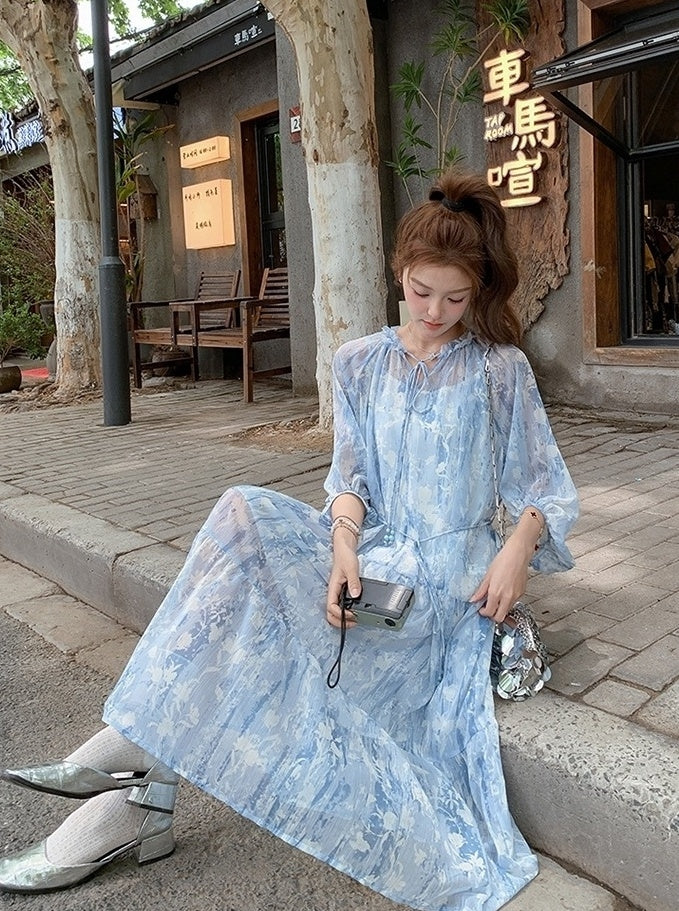 French Light Blue Chiffon Floral Tea Dress
