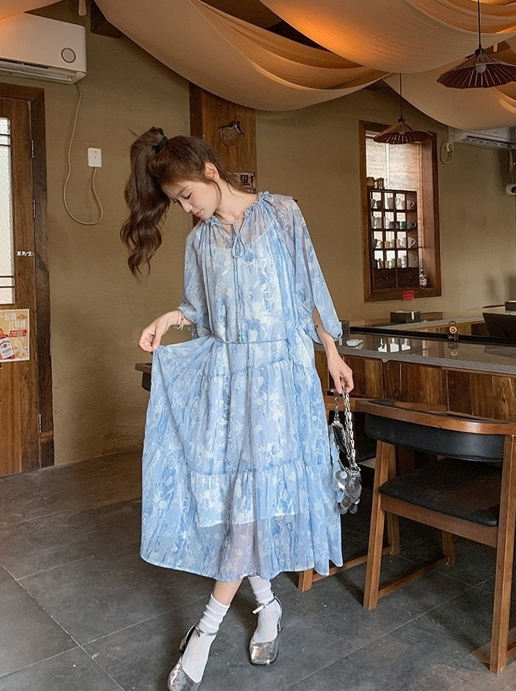 French Light Blue Chiffon Floral Tea Dress