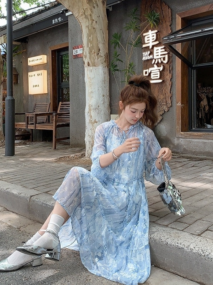 French Light Blue Chiffon Floral Tea Dress