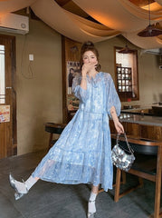 French Light Blue Chiffon Floral Tea Dress