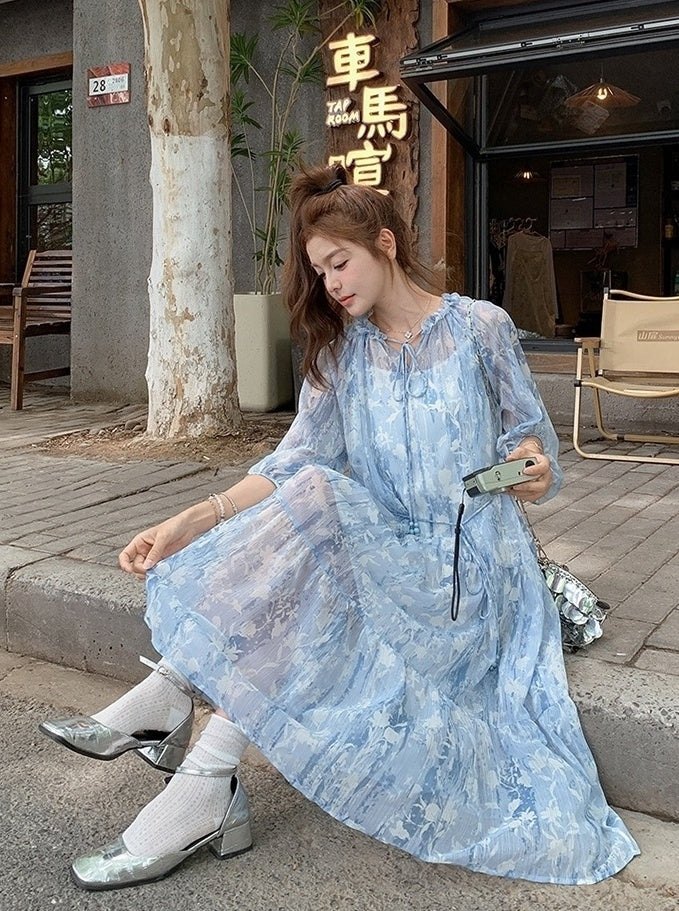 French Light Blue Chiffon Floral Tea Dress