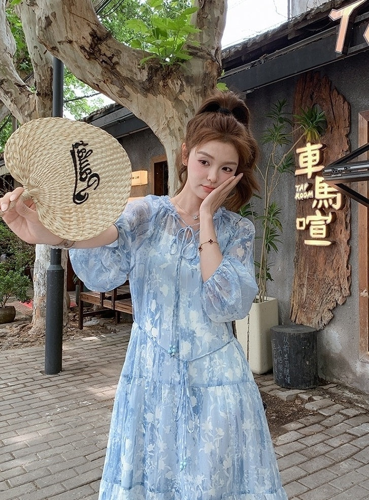 French Light Blue Chiffon Floral Tea Dress