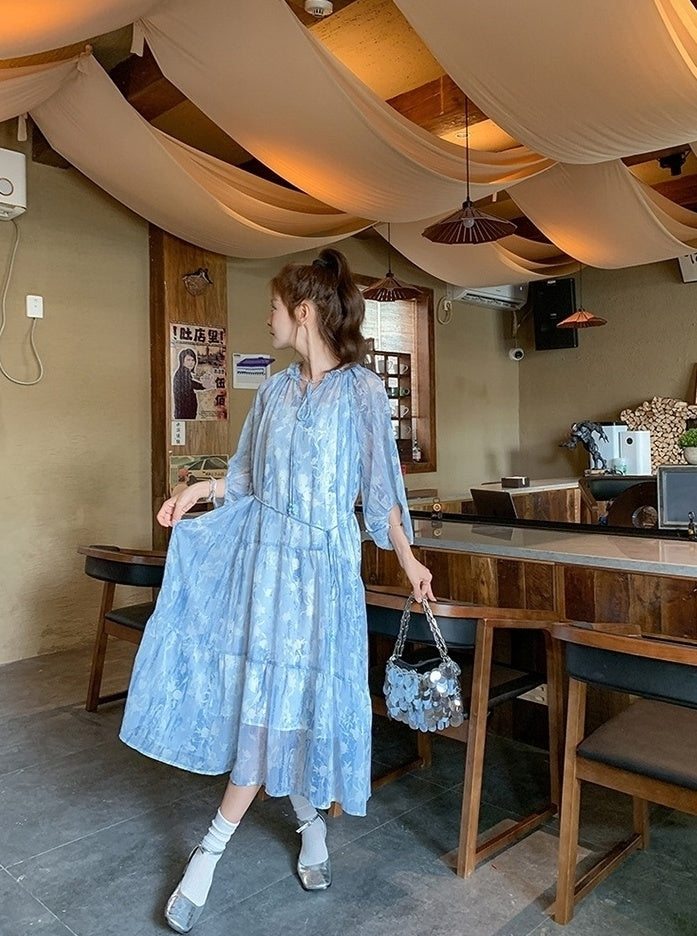 French Light Blue Chiffon Floral Tea Dress