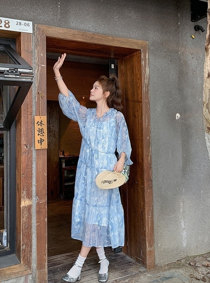 French Light Blue Chiffon Floral Tea Dress