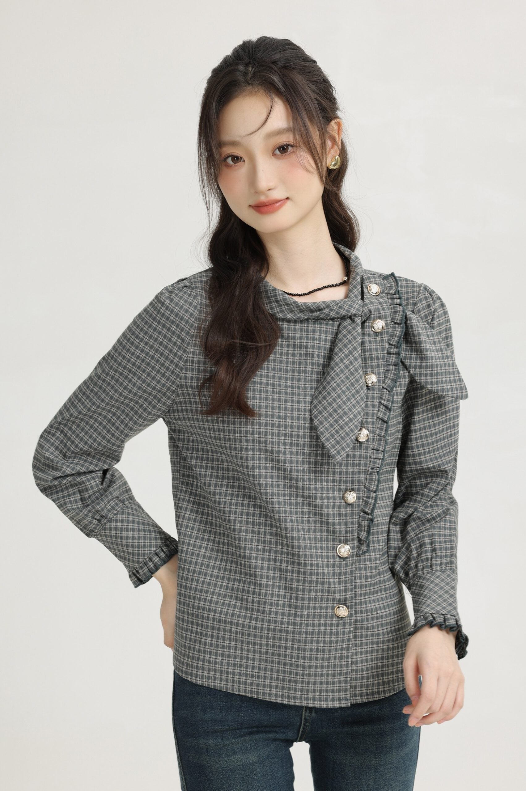 Green French Style Plaid Long Sleeve Top