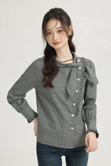 Green French Style Plaid Long Sleeve Top