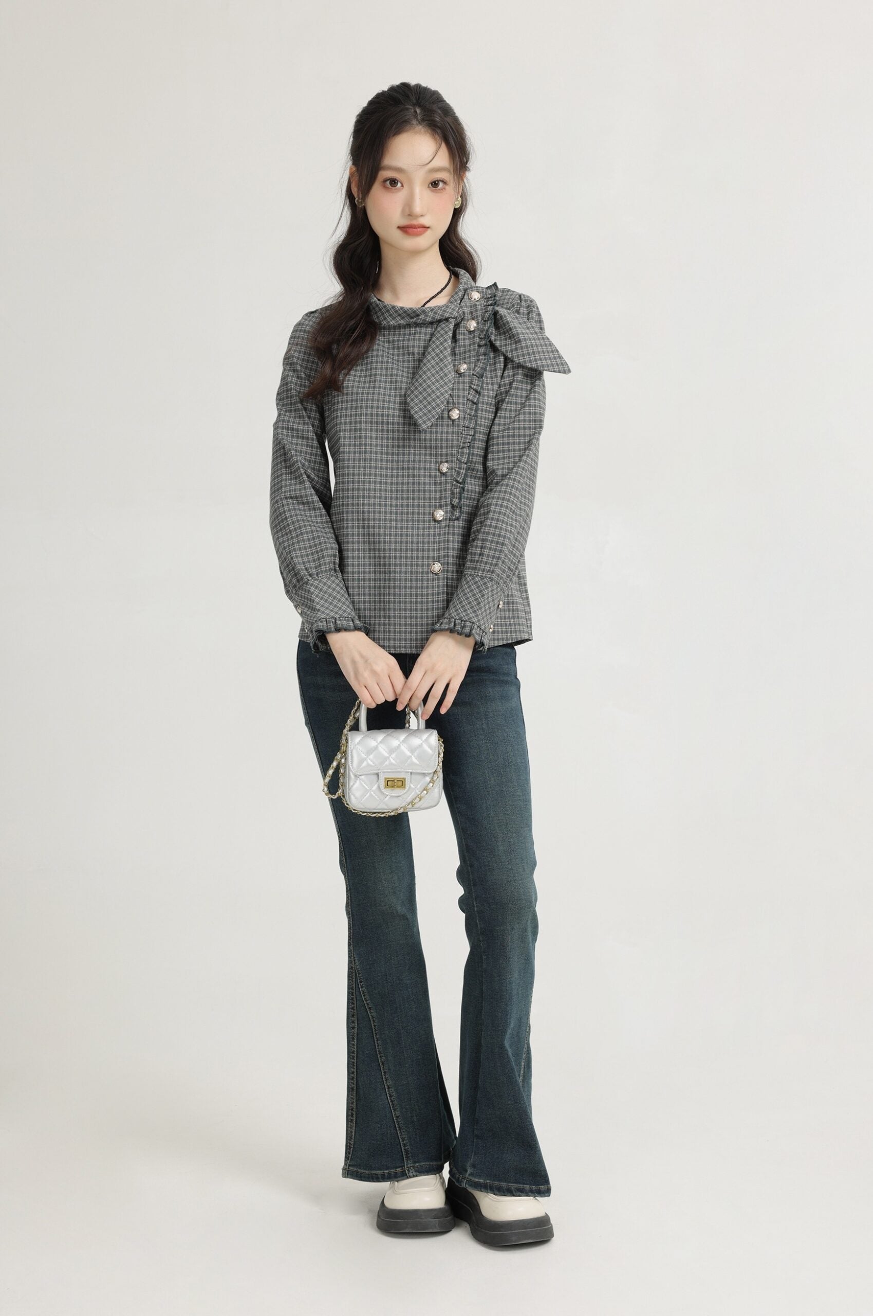 Green French Style Plaid Long Sleeve Top