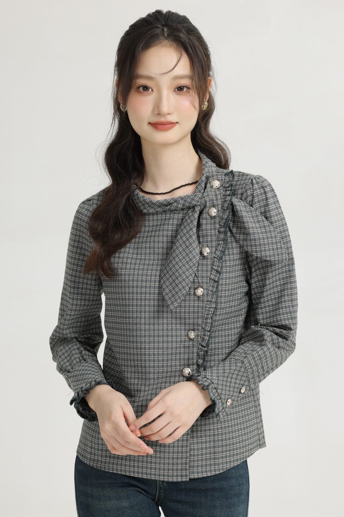 Green French Style Plaid Long Sleeve Top