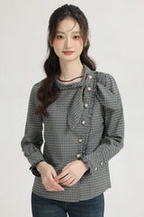 Green French Style Plaid Long Sleeve Top