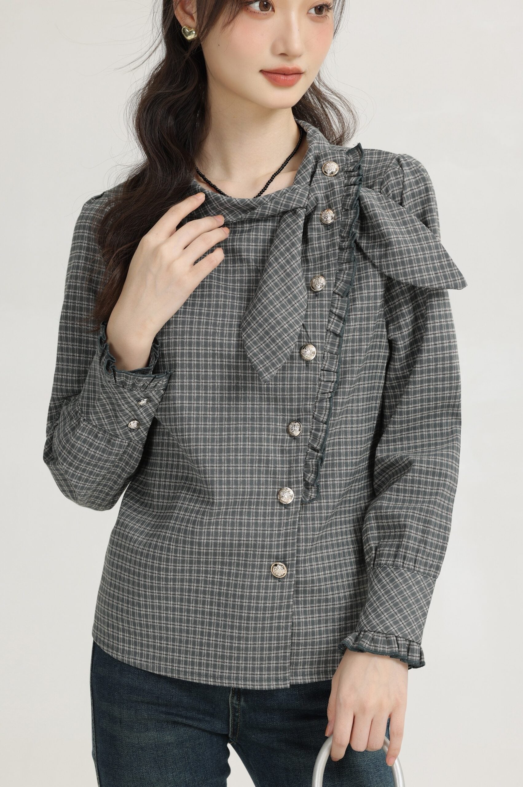 Green French Style Plaid Long Sleeve Top