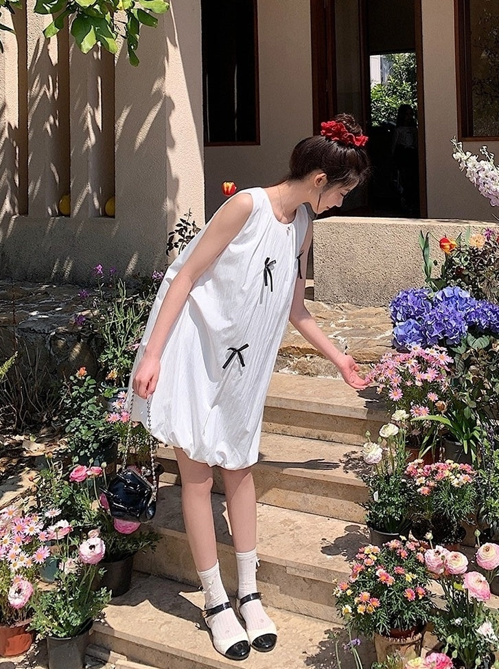 French Style Bow Sleeveless Bubble Mini Dress